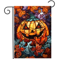 Scary Pumpkin Garden Flag Spooky Halloween Yard Flags For Outside 12X18 Double Sided Small Fall Outdoor Flag Stained Glass Autum