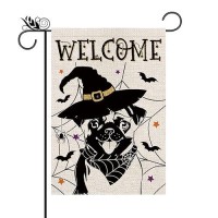 Halloween Garden Flag Pug Cobweb Bats Double Sided Vertical Welcome Flag Holiday Outdoor Yard Lawn Decorations 125 X 18 Inch