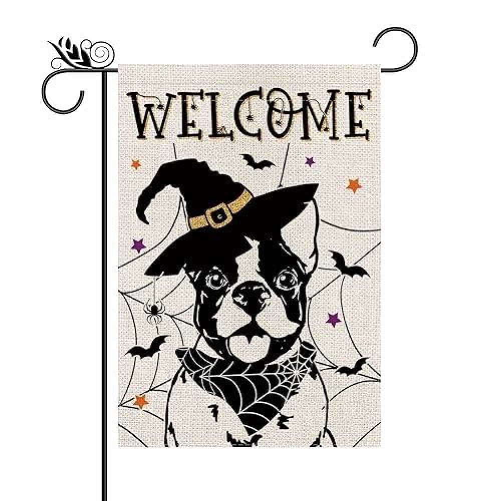 Halloween Garden Flag Boston Terrier Cobweb Bats Double Sided Vertical Welcome Flag Holiday Outdoor Yard Lawn Decorations 125 X