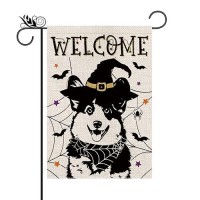 Halloween Garden Flag Corgi Cobweb Bats Double Sided Vertical Welcome Flag Holiday Outdoor Yard Lawn Decorations 125 X 18 Inch