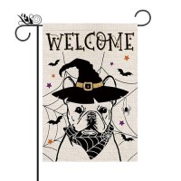 Halloween Garden Flag French Bulldog Cobweb Bats Double Sided Vertical Welcome Flag Holiday Outdoor Yard Lawn Decorations 125 X