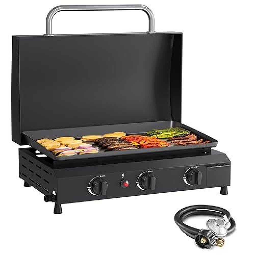 Skok 3 Burner Gas Griddle With Hood 233 Inch Outdoor Propane Griddle30000 Btu Propane Fuelled Portable Flat Top Gas Grill Ca