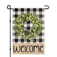 Welcome Summer Garden Flags For Outside 12X18 Double Sided Burlap Buffalo Plaid Wreath Seasonal Sign Small Yard Flag Farmhouse