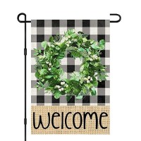 Welcome Spring Garden Flags For Outside 12X18 Double Sided Burlap Buffalo Plaid Wreath Seasonal Sign Small Yard Flag Farmhouse