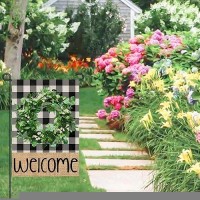 Welcome Spring Garden Flags For Outside 12X18 Double Sided Burlap Buffalo Plaid Wreath Seasonal Sign Small Yard Flag Farmhouse