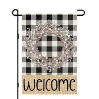 Welcome Winter Garden Flags For Outside 12X18 Double Sided Burlap Buffalo Plaid Wreath Seasonal Sign Small Yard Flag Farmhouse