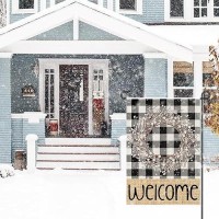 Welcome Winter Garden Flags For Outside 12X18 Double Sided Burlap Buffalo Plaid Wreath Seasonal Sign Small Yard Flag Farmhouse