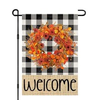 Welcome Fall Garden Flags For Outside 12X18 Double Sided Burlap Buffalo Plaid Wreath Seasonal Sign Small Yard Flag Farmhouse Ho