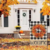 Welcome Fall Garden Flags For Outside 12X18 Double Sided Burlap Buffalo Plaid Wreath Seasonal Sign Small Yard Flag Farmhouse Ho