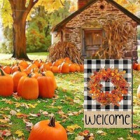 Welcome Fall Garden Flags For Outside 12X18 Double Sided Burlap Buffalo Plaid Wreath Seasonal Sign Small Yard Flag Farmhouse Ho