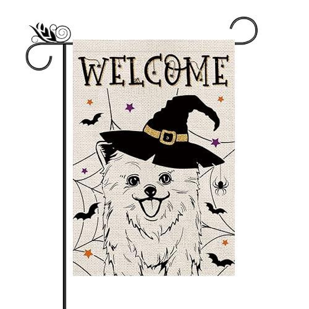 Halloween Garden Flag Pomeranian Cobweb Bats Double Sided Vertical Welcome Flag Seasonal Holiday Outdoor Yard Lawn Party Decorat