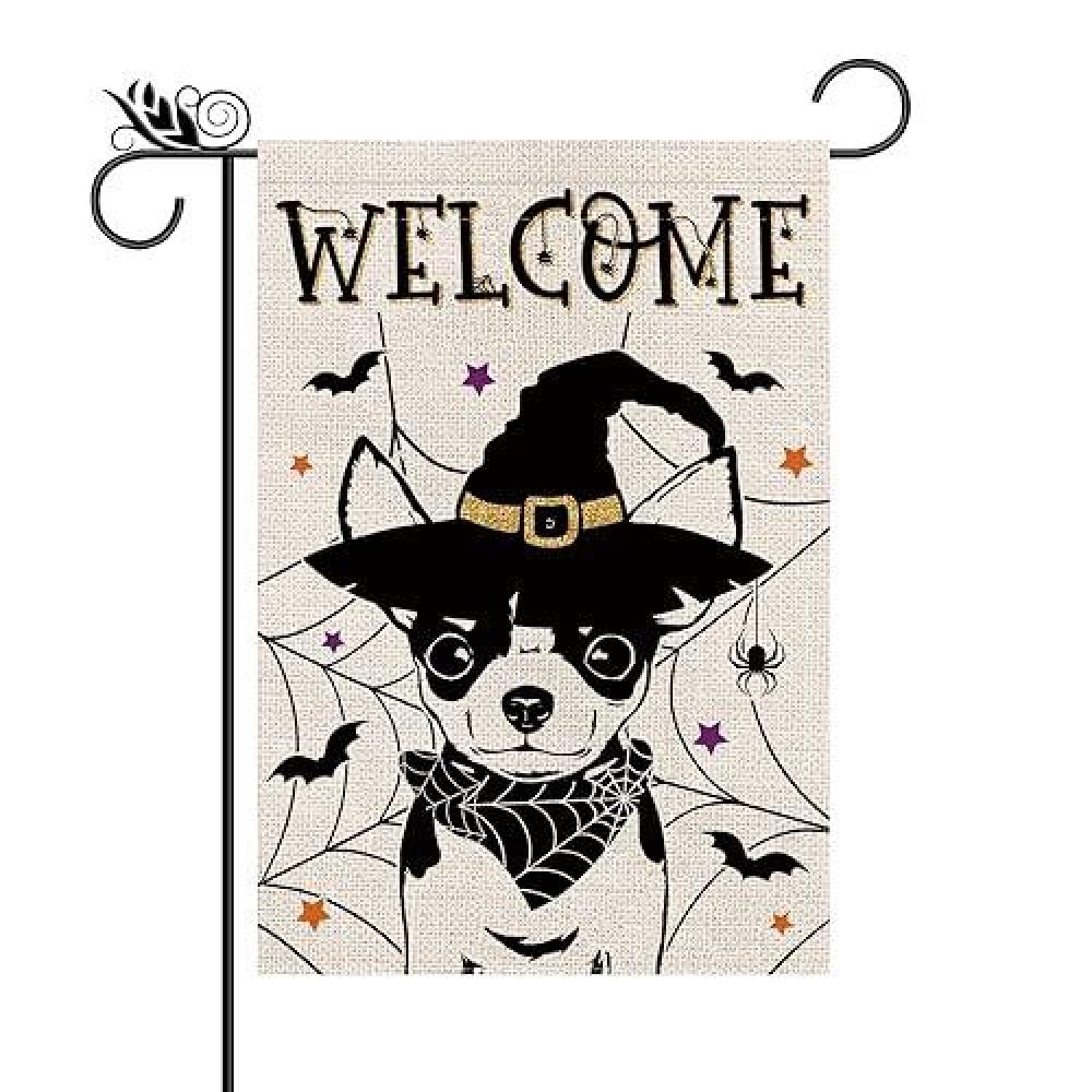 Halloween Garden Flag Chihuahua Cobweb Bats Double Sided Vertical Welcome Flag Seasonal Holiday Outdoor Yard Lawn Party Decorati