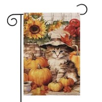 Fall Cat Garden Flag 12X18 Inch Vertical Double Sided For Outdoors Autumn Pumpkin Maple Leaf Thanksgiving For Holiday Outside De