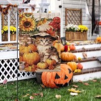 Fall Cat Garden Flag 12X18 Inch Vertical Double Sided For Outdoors Autumn Pumpkin Maple Leaf Thanksgiving For Holiday Outside De