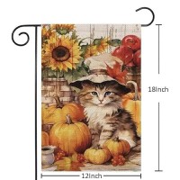 Fall Cat Garden Flag 12X18 Inch Vertical Double Sided For Outdoors Autumn Pumpkin Maple Leaf Thanksgiving For Holiday Outside De