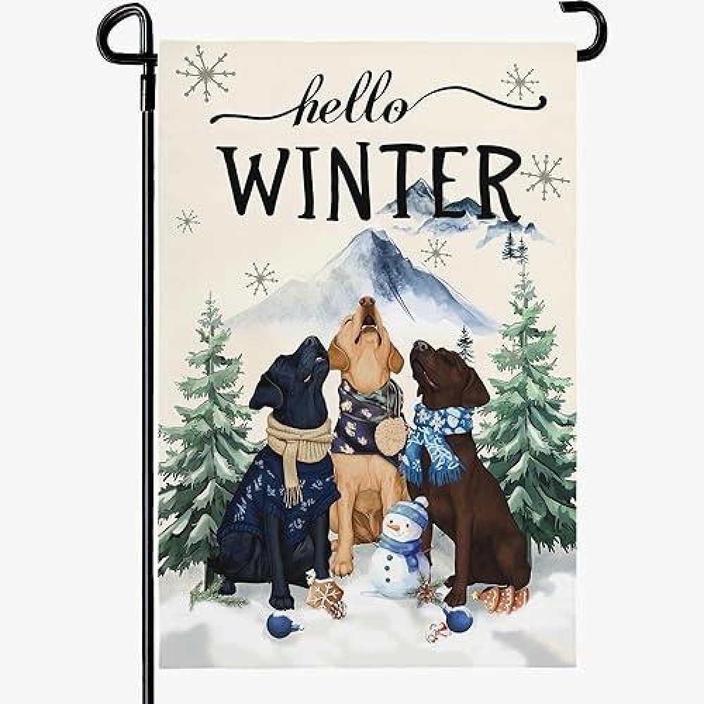 Dacawin Hello Winter Dog Garden Flag 12X18 Inch Double Sided Retriever Retrievers Snow Man Snowflake Burlap Yard Flag Rustic Far