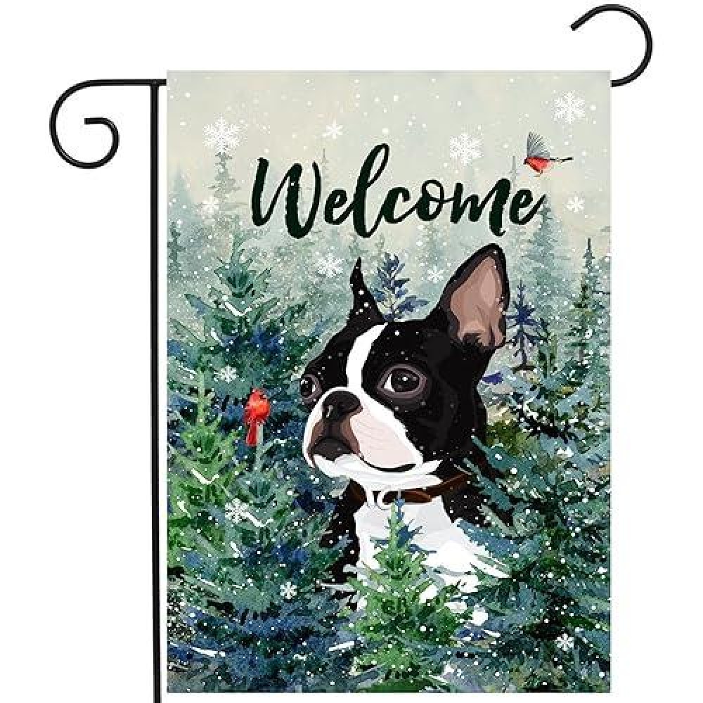 Welcome Winter Garden Flags Boston Terrier Garden Flag Cardinal Birds On Snowy Pine Tree Flag Dog Yard Flags For Outside 12X18 D