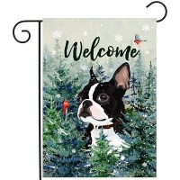 Welcome Winter Garden Flags Boston Terrier Garden Flag Cardinal Birds On Snowy Pine Tree Flag Dog Yard Flags For Outside 12X18 D