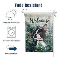 Welcome Winter Garden Flags Boston Terrier Garden Flag Cardinal Birds On Snowy Pine Tree Flag Dog Yard Flags For Outside 12X18 D