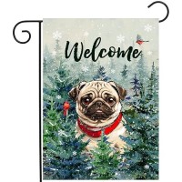 Welcome Winter Garden Flags Pug Garden Flag Cardinal Birds On Snowy Pine Tree Flag Dog Yard Flags For Outside 12X18 Double Sided