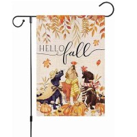 Hello Fall 12X18 Inch Garden Flag Vertical Double Sided Animal Dog Burlap Garden Flag Autumn Thanksgiving Holiday Yard Flags Ou