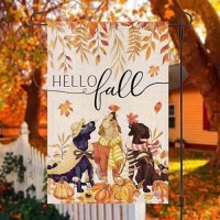 Hello Fall 12X18 Inch Garden Flag Vertical Double Sided Animal Dog Burlap Garden Flag Autumn Thanksgiving Holiday Yard Flags Ou