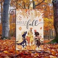 Hello Fall 12X18 Inch Garden Flag Vertical Double Sided Animal Dog Burlap Garden Flag Autumn Thanksgiving Holiday Yard Flags Ou