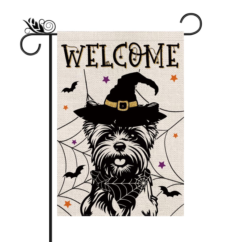 Halloween Garden Flag Yorkie Cobweb Bats Double Sided Vertical Welcome Flag Holiday Outdoor Yard Lawn Decorations 125 X 18 Inch