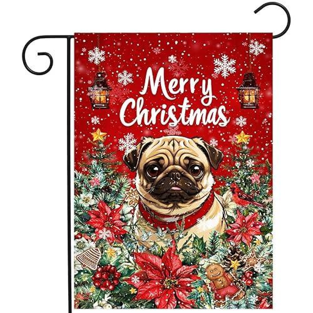 Christmas Pug Garden Flag Merry Christmas Dog Yard Flag For Outside Xmas Flags 12X18 Double Sided Red Poinsettia Garden Flags Wi