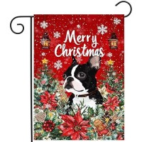 Christmas Boston Terrier Garden Flag Merry Christmas Dog Yard Flag For Outside Xmas Flags 12X18 Double Sided Red Poinsettia Gard