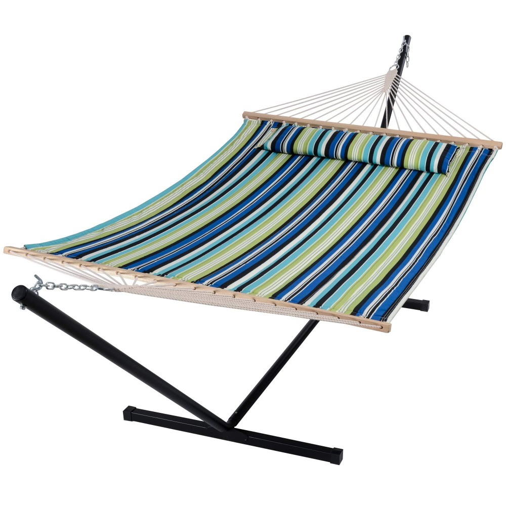 Suncreat Hammock With Stand 2 Person Heavy Duty Freestanding Hammock With Spreader Bar Soft Pillow Green Stripes