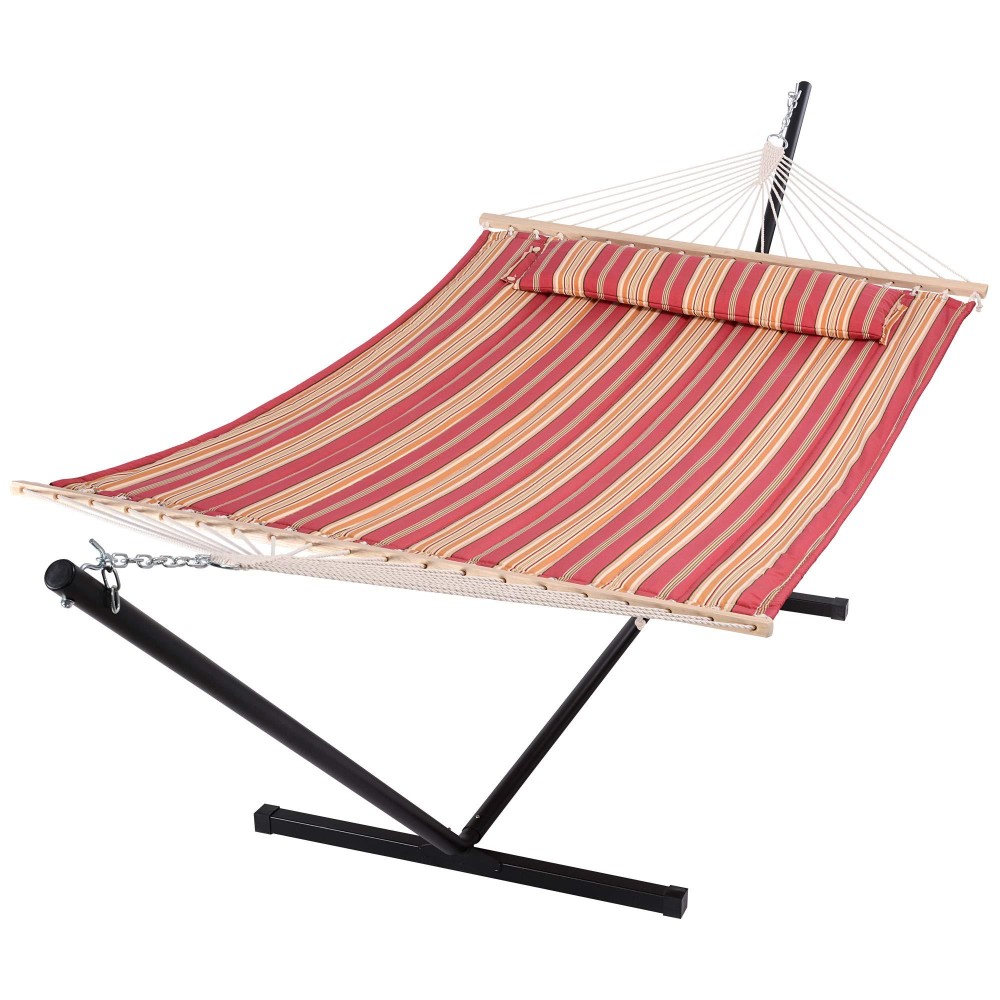 Suncreat Outdoor Hammock With Stand Two Person Quilted Fabric Hammock Swing With 12Ft Steel Stand Red Stripes