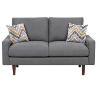 Abella Mid-Century Modern Dark Gray Woven Fabric Loveseat Couch with USB Charging Ports & Pillows