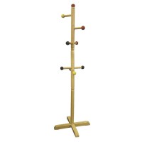 495 Tall Wooden Kids Standing Coat Rack Natural Finish 8 Colored Pegs