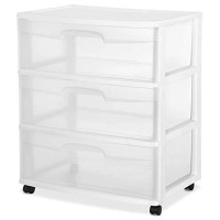 Sterilite Wide 3 Drawer Storage Cart, Plastic Rolling Cart With Wheels To Organize Clothes In Bedroom, Closet, White With Clear Drawers, 1-Pack
