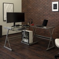 Walker Edison Ellis Modern Glass Top L Shaped Corner Gaming Desk With Computer Keyboard Tray, 51 Inch, Silver