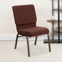 Flash Furniture Hercules Series 18.5''W Church Chair In Brown Fabric With Cup Book Rack - Gold Vein Frame