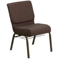 Hercules Series 21''W Church Chair In Brown Fabric With Cup Book Rack - Gold Vein Frame