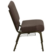Hercules Series 21''W Church Chair In Brown Fabric With Cup Book Rack - Gold Vein Frame