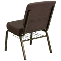 Hercules Series 21''W Church Chair In Brown Fabric With Cup Book Rack - Gold Vein Frame