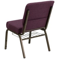 Hercules Series 21''W Church Chair In Plum Fabric With Cup Book Rack - Gold Vein Frame