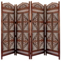 Traditional Four Panel Wooden Room Divider with Hand carved Details, Antique Brown(D0102H7F6H2)