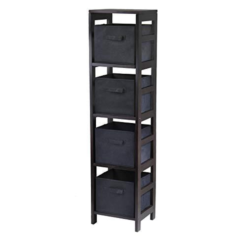 Winsome Wood Capri Wood 4 Section Storage Shelf with 4 Black Fabric Foldable Baskets