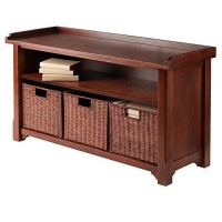 Winsome Wood MilanWood Storage Bench in Antique Walnut Finish with Storage Shelf and 3 Rattan Baskets in Antique Walnut Finish