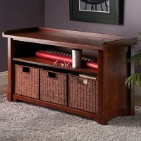 Winsome Wood MilanWood Storage Bench in Antique Walnut Finish with Storage Shelf and 3 Rattan Baskets in Antique Walnut Finish