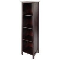 Winsome Wood Milan Wood 5 Tier Open cabinet in Antique Walnut Finish and 4 Rattan Baskets in Antique Walnut Finish