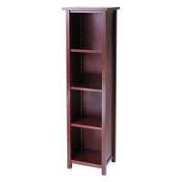Winsome Wood Milan Wood 5 Tier Open cabinet in Antique Walnut Finish and 4 Rattan Baskets in Antique Walnut Finish