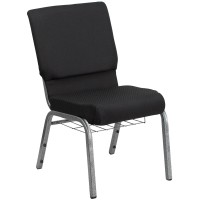 Flash Furniture Hercules Series 18.5''W Church Chair In Black Patterned Fabric With Cup Book Rack - Silver Vein Frame