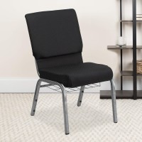 Flash Furniture Hercules Series 18.5''W Church Chair In Black Patterned Fabric With Cup Book Rack - Silver Vein Frame