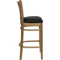 HERCULES Series Vertical Slat Back Natural Wood Restaurant Barstool - Black Vinyl Seat